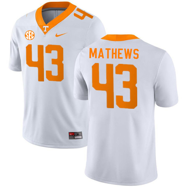 Men #43 Jackson Mathews Tennessee Volunteers College Football Jerseys Stitched-White